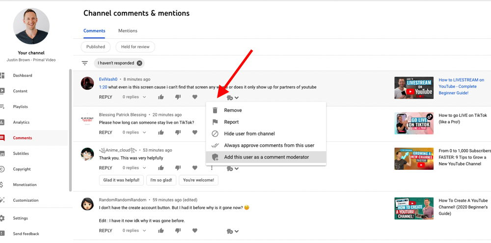 Comment settings inside YouTube Studio