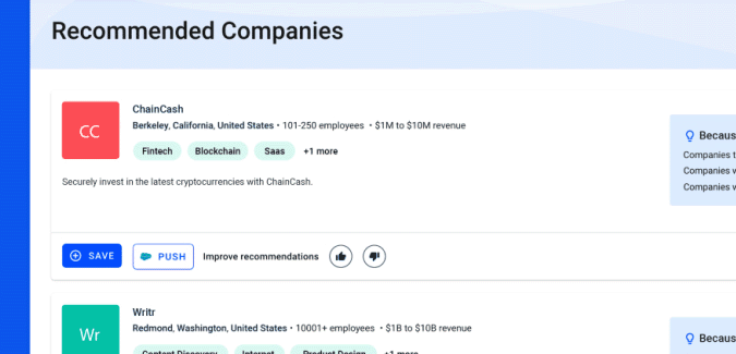 Crunchbase platform recommended companies feature GIF