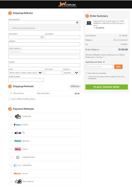JW.Com.au using One Page Checkout and Buy Now Pay Later in Consumer Electronics