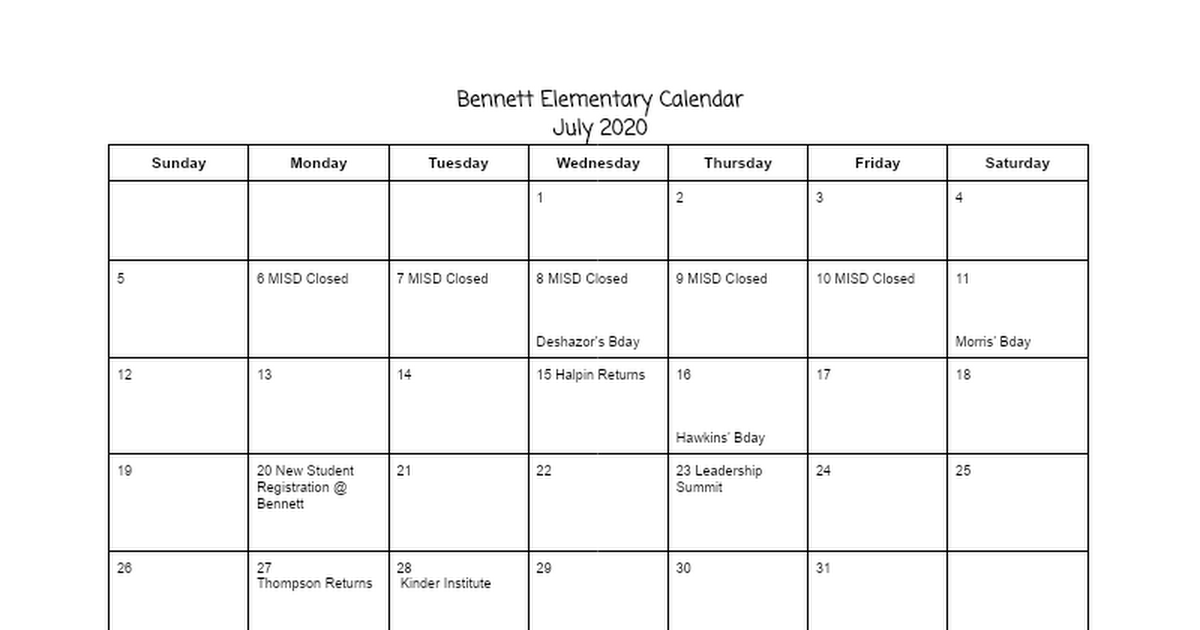 Bennett Elementary Calendar - 2020-2021