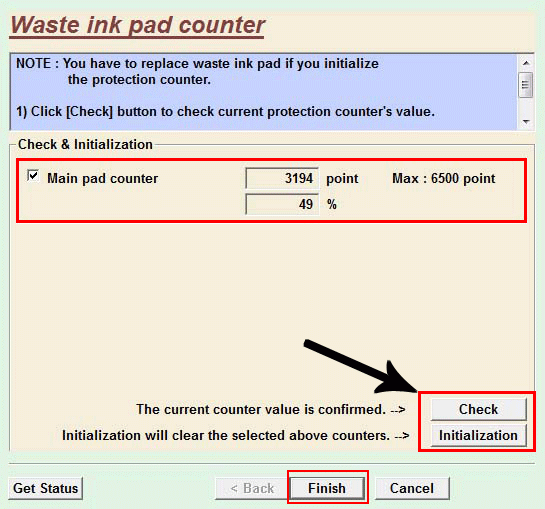 ‘Main pad counter’ box click and then ‘Initialize’ click.