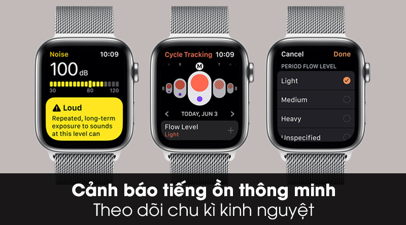 Apple Watch S5 LTE 40mm viền thép dây thép theo dõi chu kì kinh nguyệt và cảnh báo âm thanh ồn