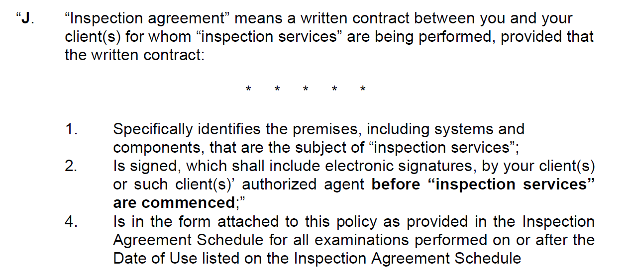 InspectorPro's definition of "inspection agreement," which specifies signing a contract before the home inspection.