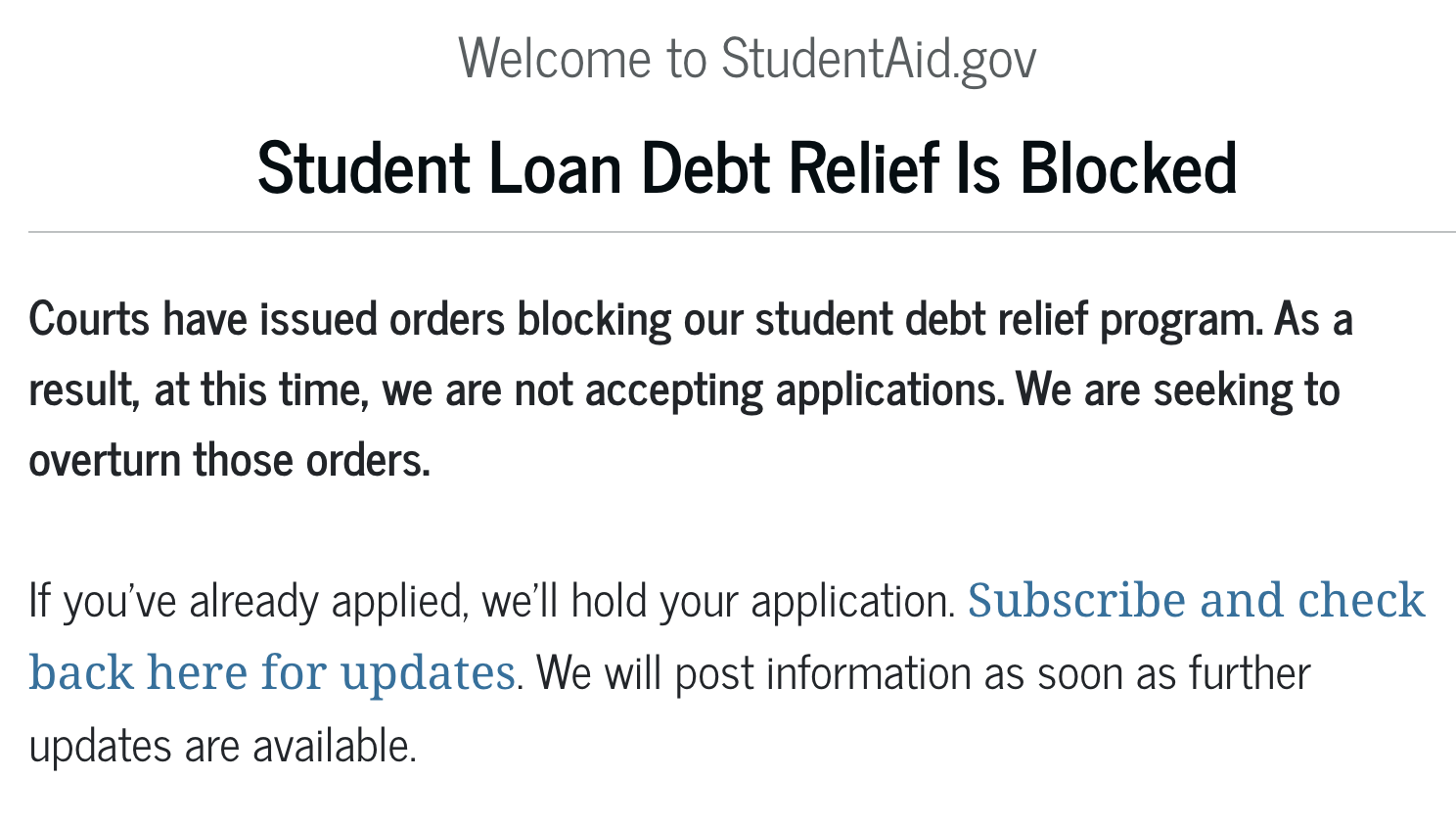 The message that now greets you on the student loan forgiveness website