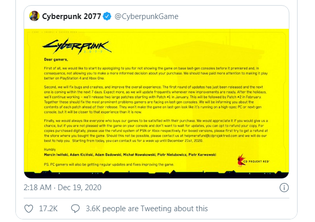 CD Projekt Red hứa hẹn Cyberpunk 2077 sẽ hoàn lại tiền nếu cần thiết. 