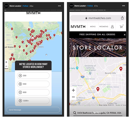 MVMT Instagram stories with store locations.