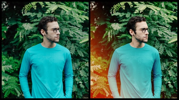 foto de um homem branco com camiseta azul posando em um fundo com plantas com o Filtro SCL-1 do AirBrush