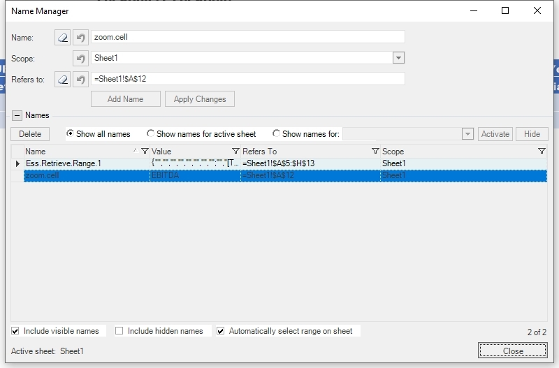  I added two named ranges. One for the Essbase retrieve and another for the cell on which the zoom-in will be performed.