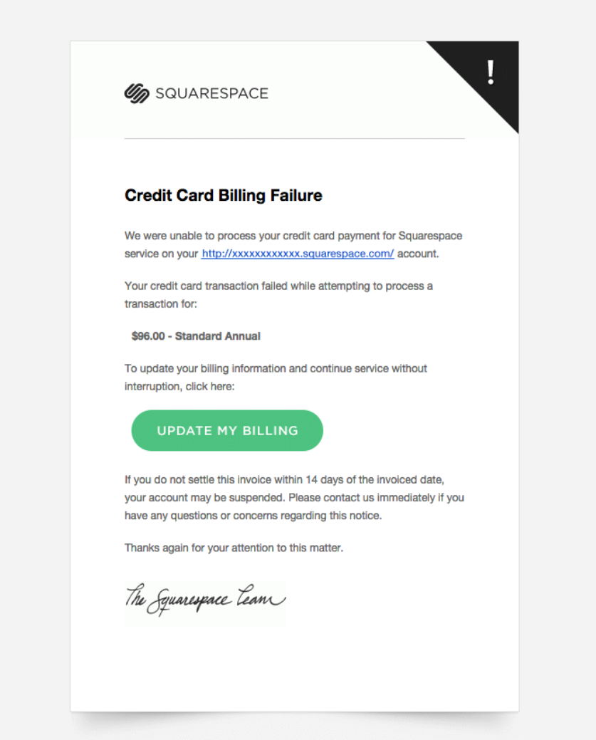 Transactional email examples: Squarespace dunning email