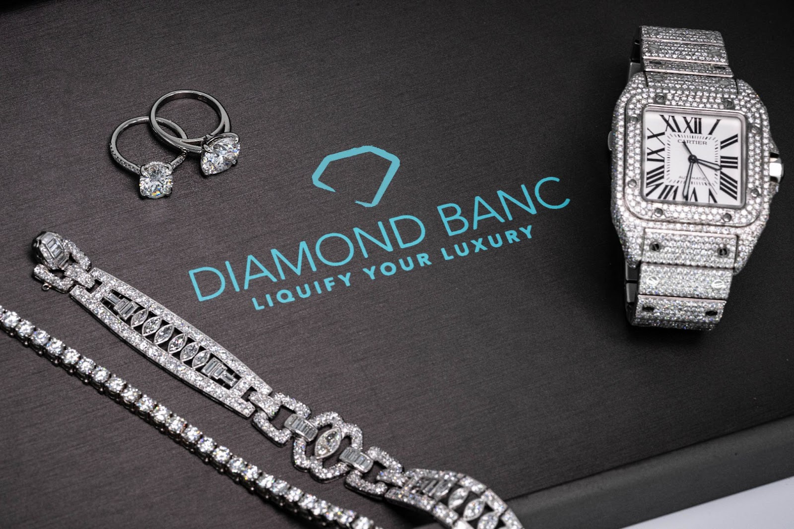 A luxurious display of diamond jewelry including earrings, bracelets, and a watch, with the Diamond Banc logo.