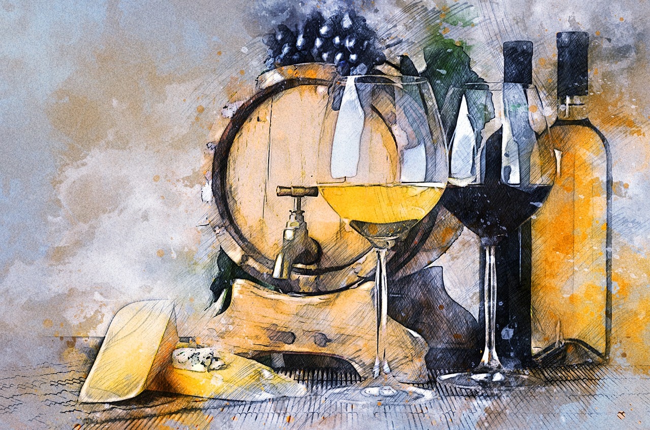 A drawing of wine and cheese