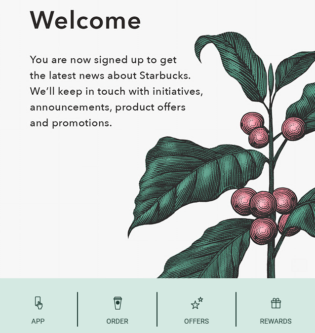 Screenshot of the Starbucks welcome message to email subscribers.