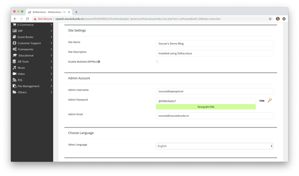 cài đặt wordpress với thông tin trang web cpanel mềm mại 4