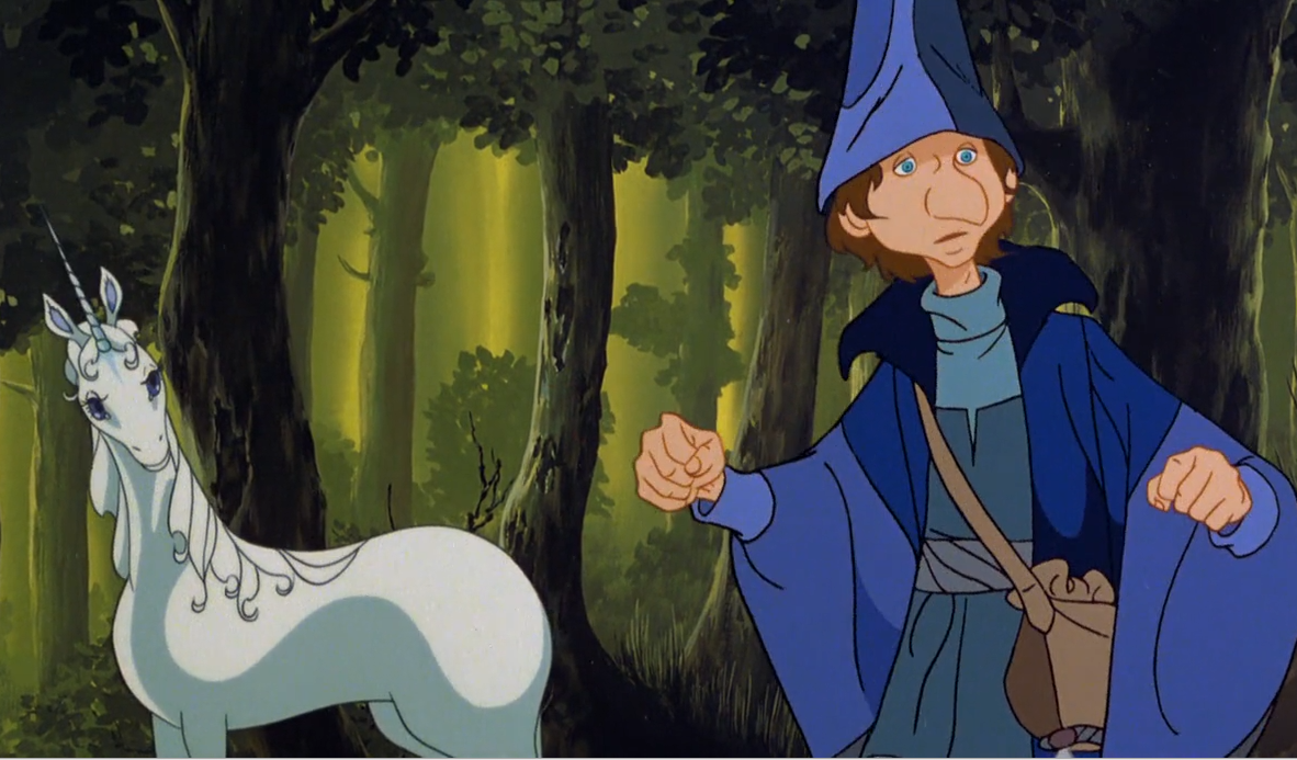 The bumbling magician Schmendrick joins the quest in The Last Unicorn (1982)