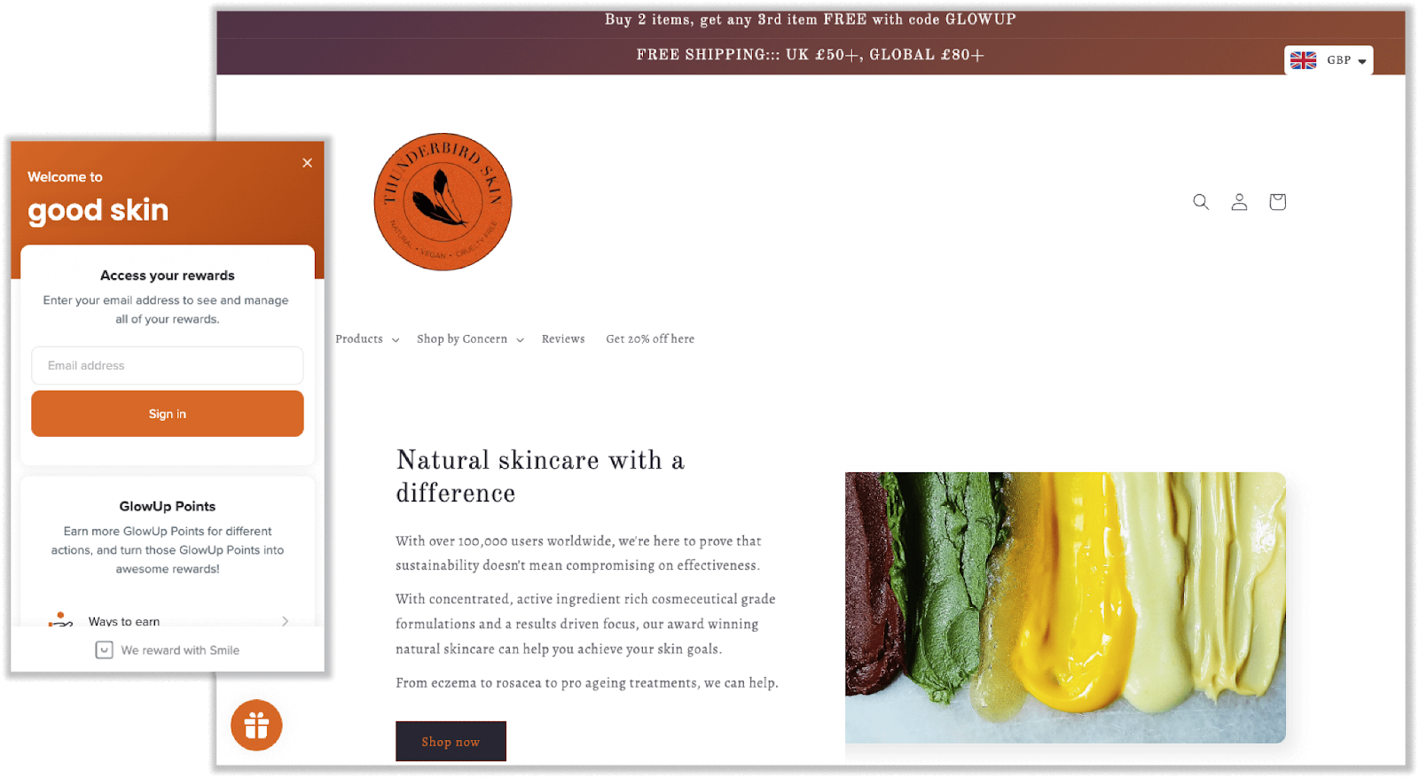 Loyalty Programs in the Beauty Industry–A screenshot of Thunderbird Skin’s homepage showing their rewards program panel on the right side. Their homepage shows an image of several colored skincare products spread on a surface. The section is titled, ‘Natural skincare with a difference’. 
