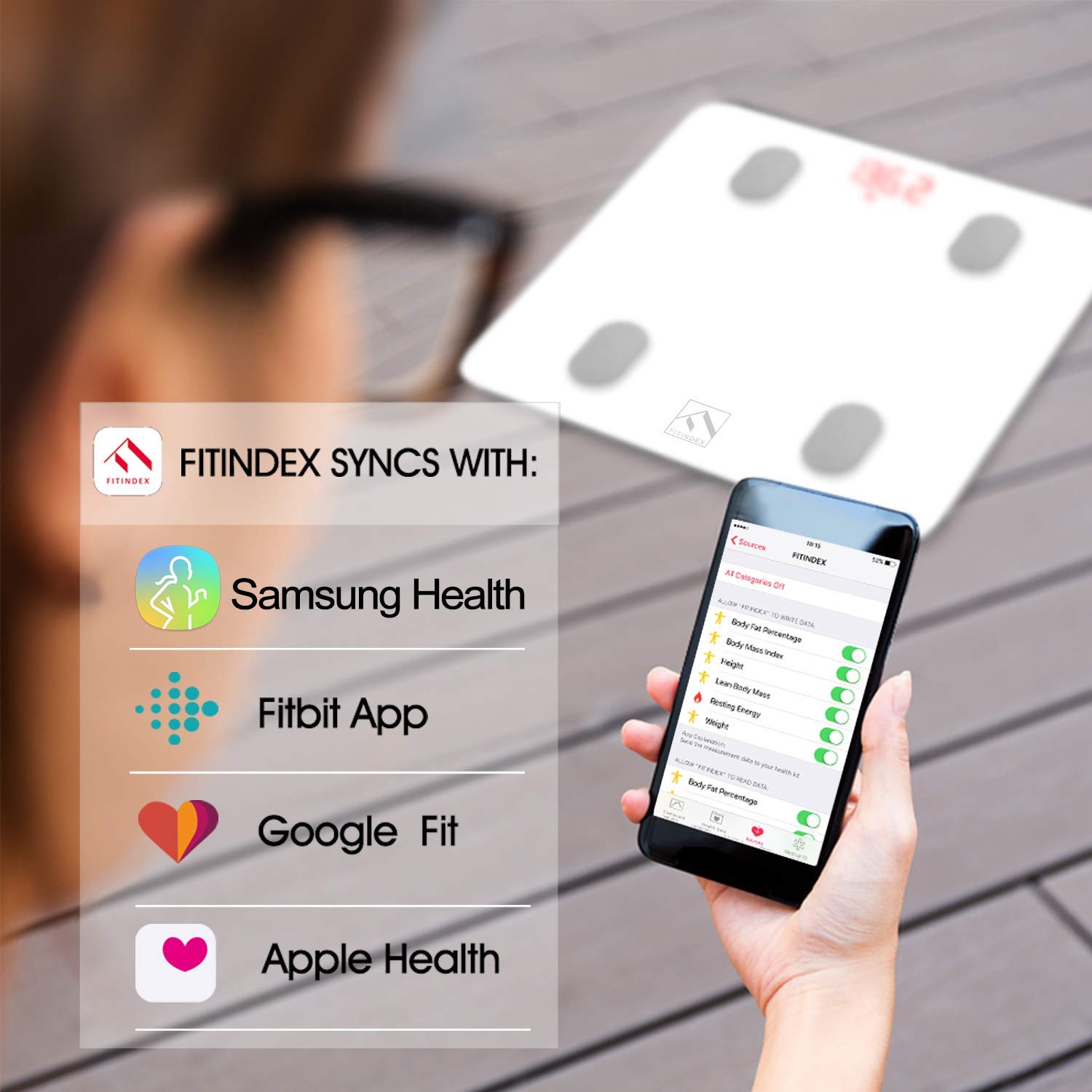 Woman checking the fitindex mobile app.