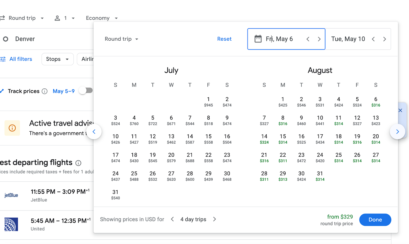 How to change the calendar view in Google Flights