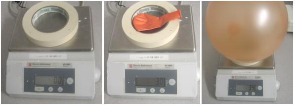 Three photos show the demonstration steps of weighing a balloon before and after it is inflated. Three photos show the demonstration steps of weighing a balloon before and after it is inflated.