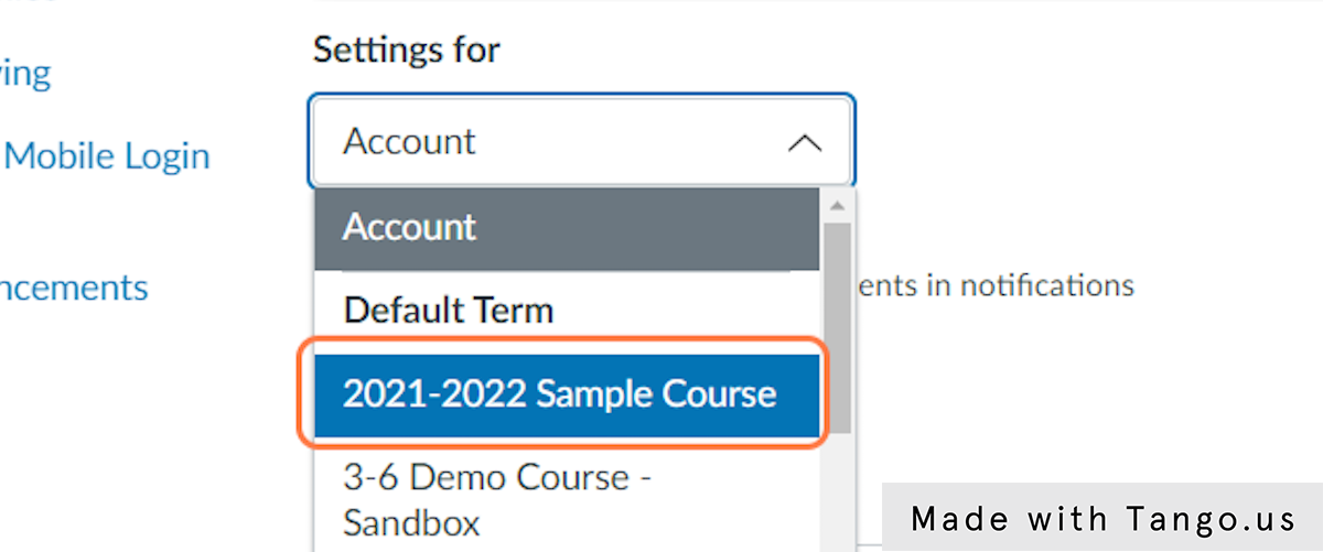 Click on Settings for… to set Course Specific notifications and select the course