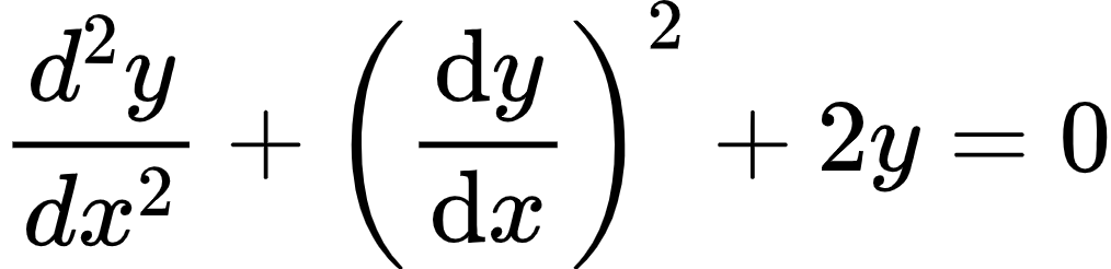 {"type":"align*","font":{"size":10,"family":"Arial","color":"#000000"},"code":"\\begin{align*}\n{\\frac{d^{2}y}{dx^{2}}+\\left(\\diff{y}{x}\\right)^{2}+2y}&={0}\t\n\\end{align*}","id":"4-1-1-1-1-0","ts":1603616363127,"cs":"+22NNk/PhspC/x6ZITbQUw==","size":{"width":168,"height":40}}