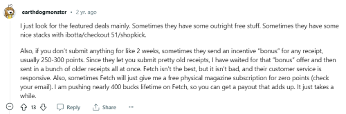 A Fetch user recommends checking out the “featured deals” on the Fetch Rewards app. 