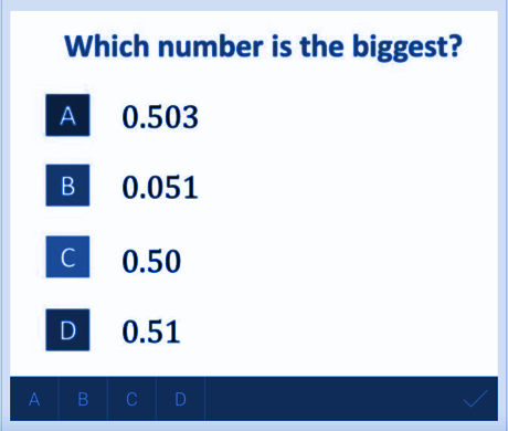 Figure 4 shows the multiple choice question "Which number is the biggest?". The options are labelled "A 0.503", "B 0.051", "C 0.50" and "D 0.51". 
