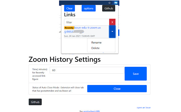 Zoom history Chrome extension