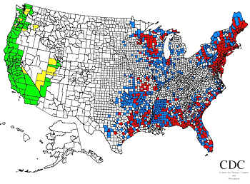 CDC map showing the distribution of Ixodes scapularis and Ixodes pacificus in the USA by county.