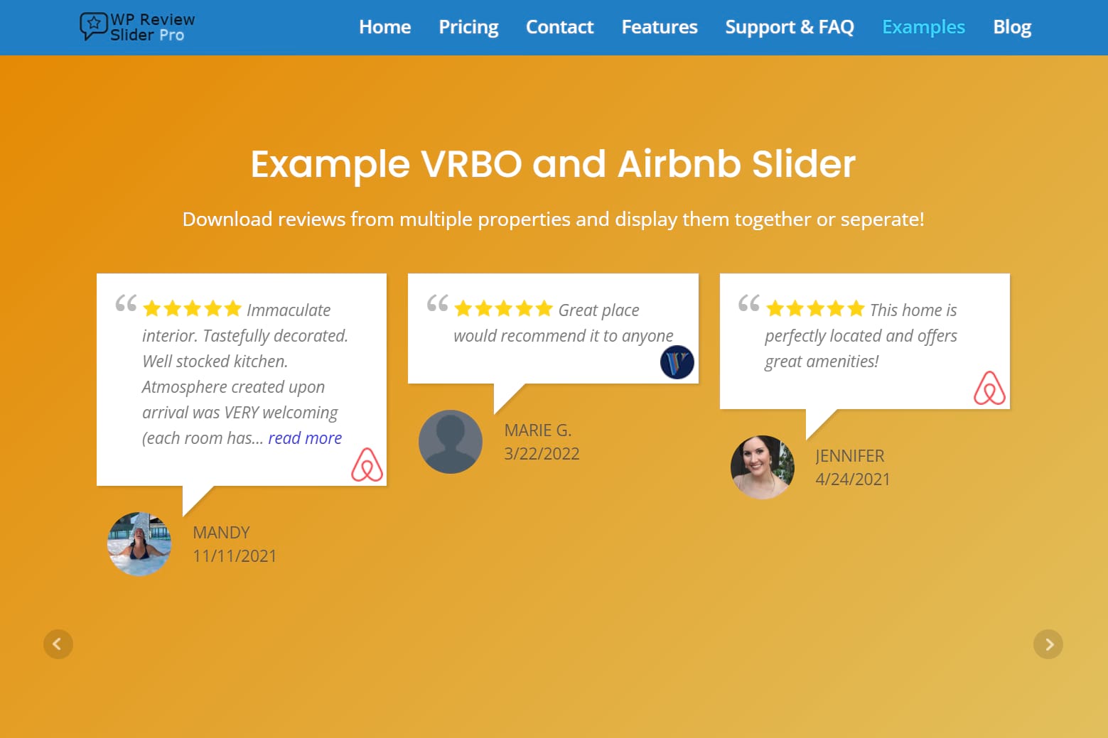 WP Review Slider Pro - Example of VRBO and Airbnb review sliders
