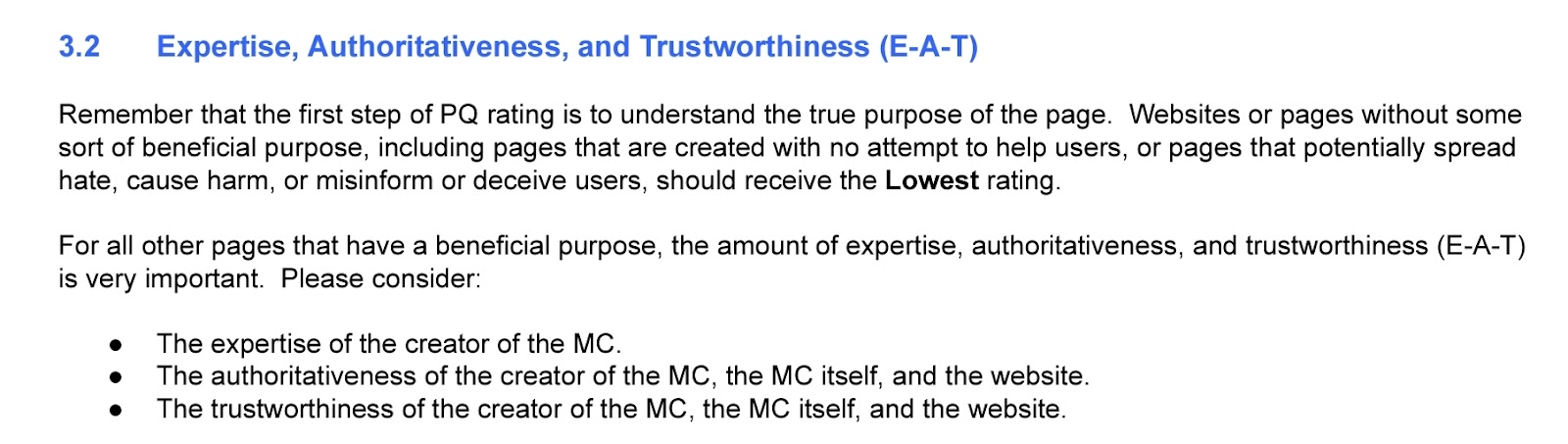 Google search quality evaluator guidelines on Expertise, Authoritativeness, and Trustworthiness