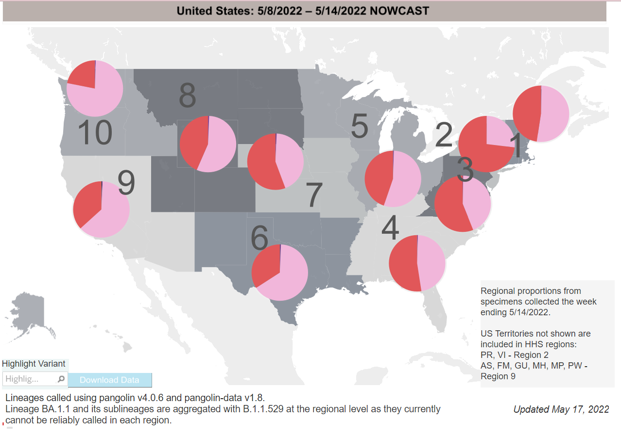 A grayscale map of the United States describing proportions of COVID variants in 10 regions with pink and red pie charts. Each regional pie chart indicates a large number of cases comprised of the BA.2 variant, shown in pink, but there is an increasing proportion of cases comprised of the BA.2.12 variant, shown in red. The majority of the pie chart is in red in regions like the Northeast, 40-50 percent is in red in the East Coast, and 30-40 percent is red in the Midwest. On the bottom left, text says "Lineages called using pangolin version 4.0.6 and pangolin data version 1.8. Lineage BA.1.1 and its sublineages are aggregated with B.1.1.529 at the regional level as they currently cannot be reliably called in each region." On the bottom right, text says "Regional proportions from specimens collected the week ending 5/14/2022. US territories not shown are included in HHS regions Puerto Rico, Virgin Islands - Region 2; American Samoa, Federated States of Micronesia, Guam; Marshall Islands, Northern Mariana Islands, Palau - Region 9. Updated May 17, 2022."