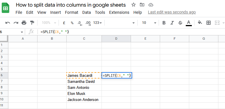The screenshot shows how to use the SPLIT function to divide names and last names into 2 columns