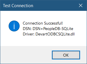Message box showing connection success. With it is the connection string used and the driver.