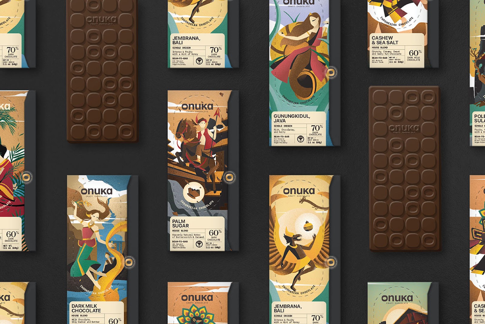 Branding, illustration and packaging design artifacts for Onuka chocolate created by EGGHEAD Branding Agency