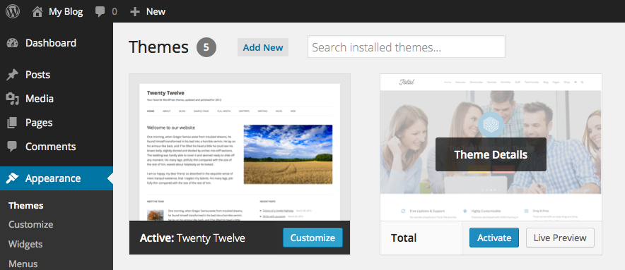 Instale e ative seu novo tema WordPress