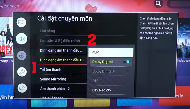 Trong mục Định dạng âm thanh đầu ra => chọn PCM