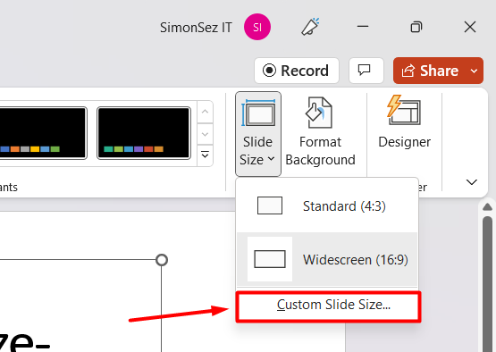Select the custom slide size option