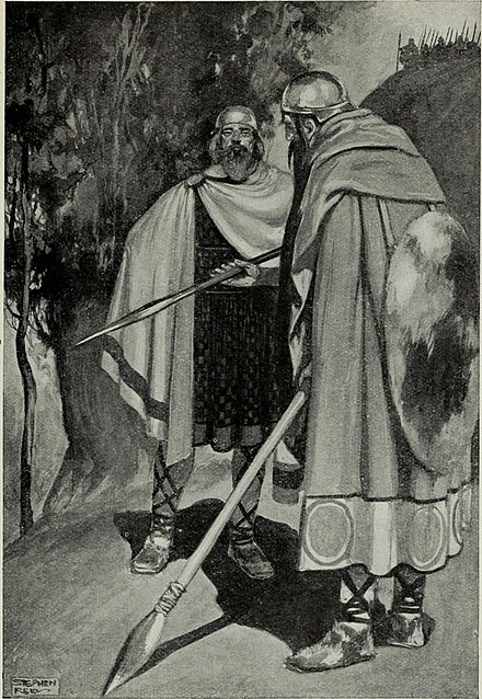Two warriors in cloaks and sandals, holding long spears and shields, conversing.