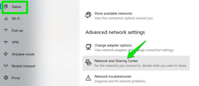 select network and sharing center