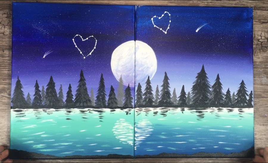 Couples painting of moon, lake, and trees