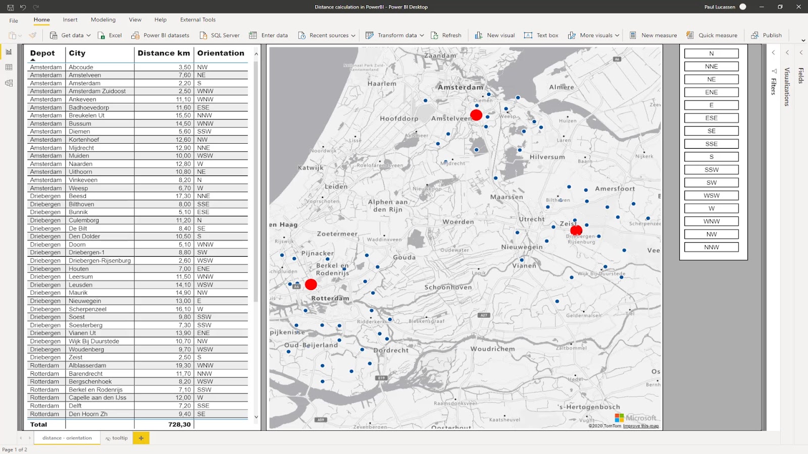 distance and bearing in Power BI for geospatial analysis