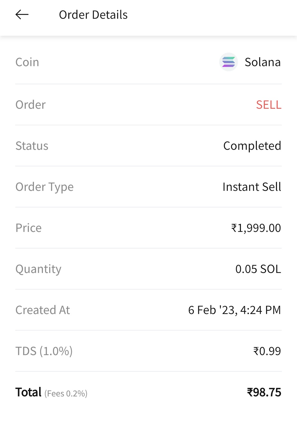 Screenshot from an Indian exchange showing a deduction of TDS