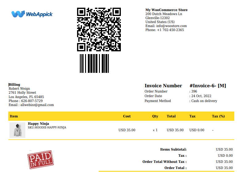WooCommerce QR code & barcode in invoices