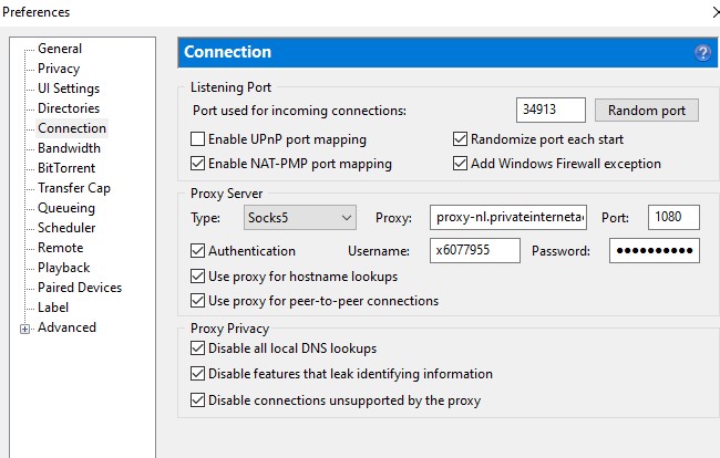 uTorrent SOCKS5 Proxy settings with PIA