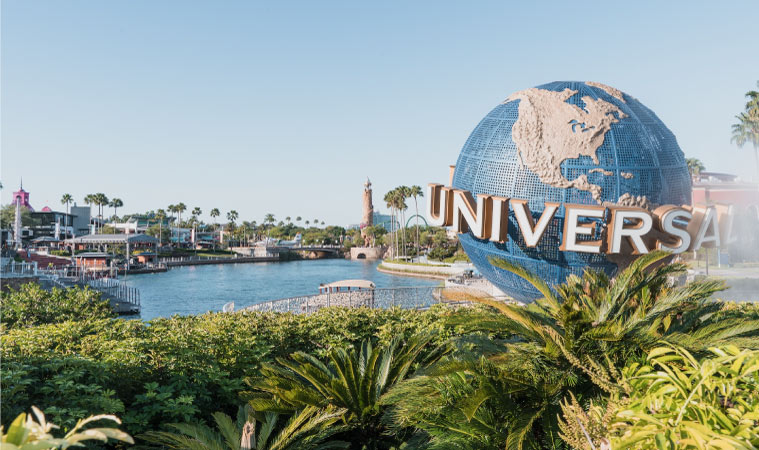 A view of the Universal Studios globe at Universal Studios Plaza in Orlando, Florida.