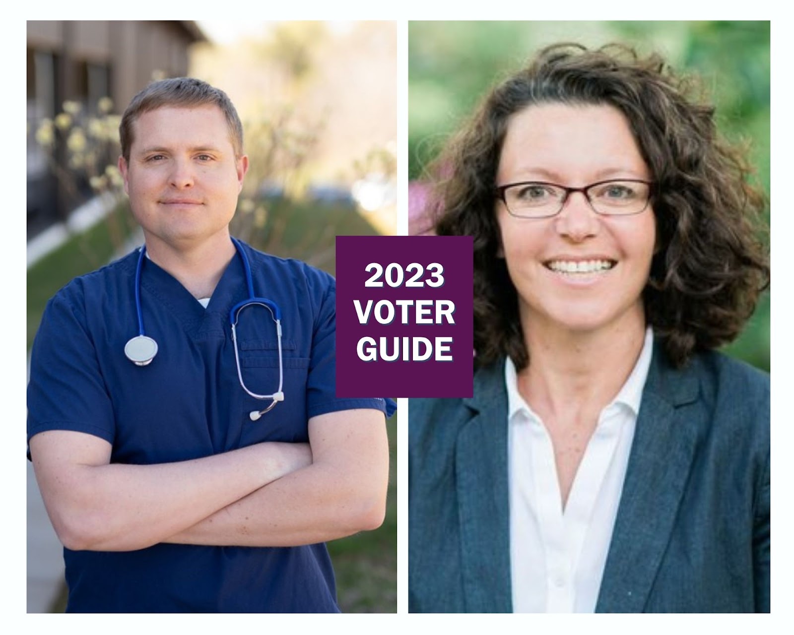 The headshots of two people are positioned side by side in a collage. In between the two photos in a box are the words "2023 Voter Guide."