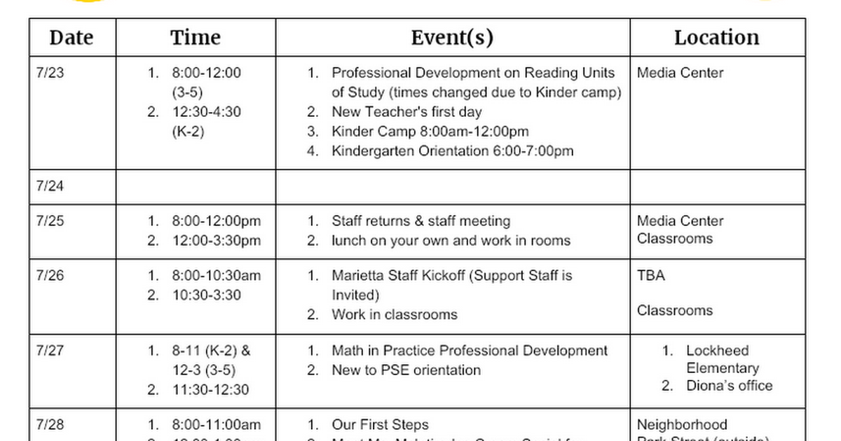 Pre-Planning Schedule 2018-19