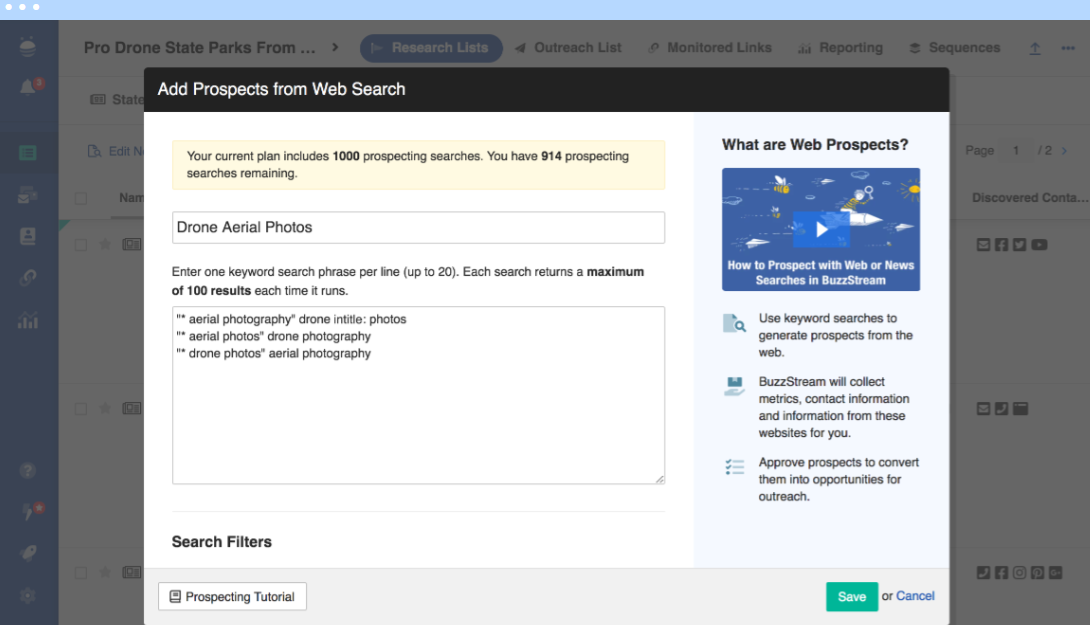An example of BuzzStream's automatic prospecting. Simply enter up to 20 keywords and it will produce a list of contacts.