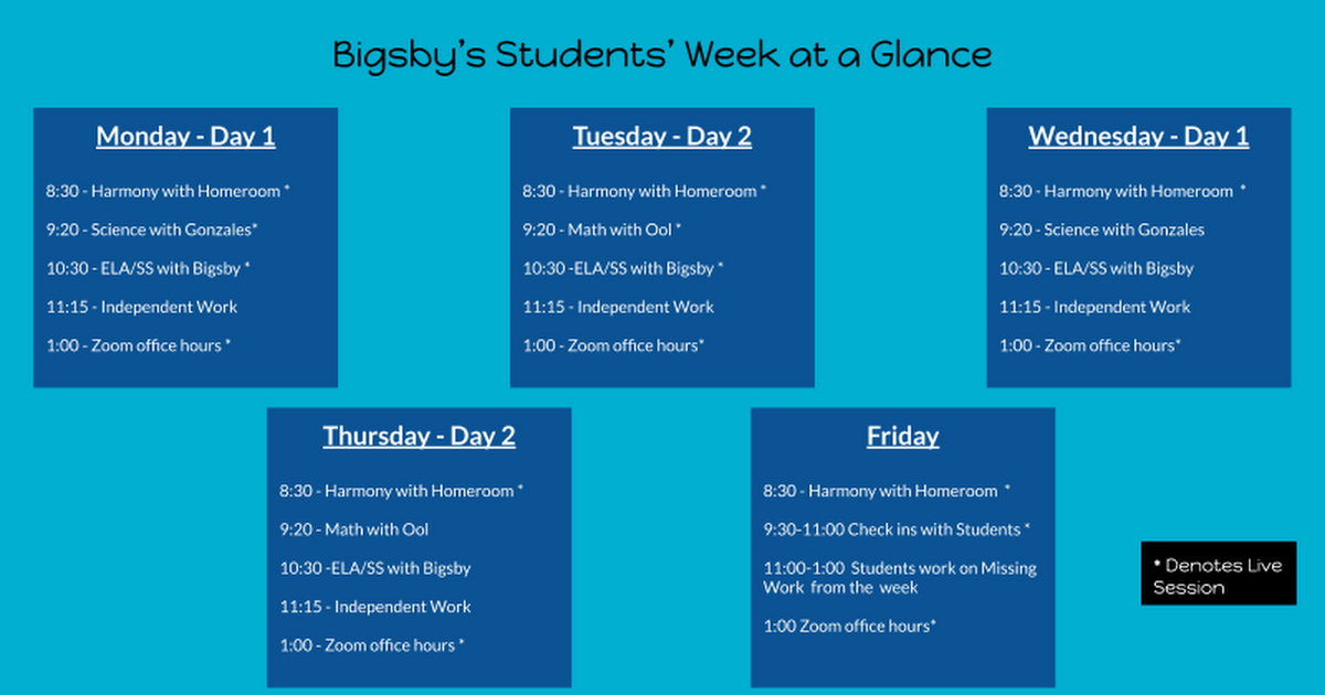 Remote 5th Grade Weekly Schedule for Website