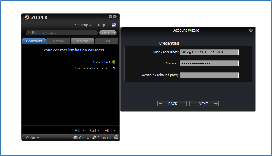 Screenshot de configuración de softphone Zoiper